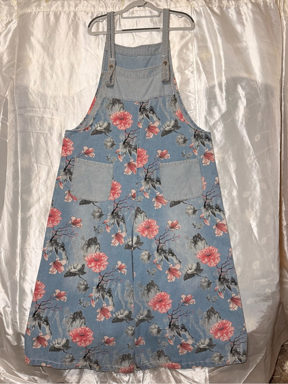 Women Floral Denim Overalls Summer Wide-leg Jumpsuit Rompers Crop Jeans Loose 2X